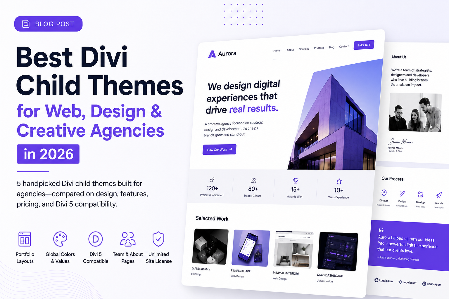 Divi child theme mockups for web design agencies displayed on laptop and mobile screens