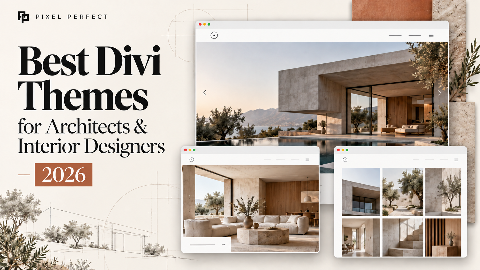 Best Divi Themes for Architects & Interior Designers 2026: website mockups showing a modern concrete villa, a minimalist living room, and a project gallery