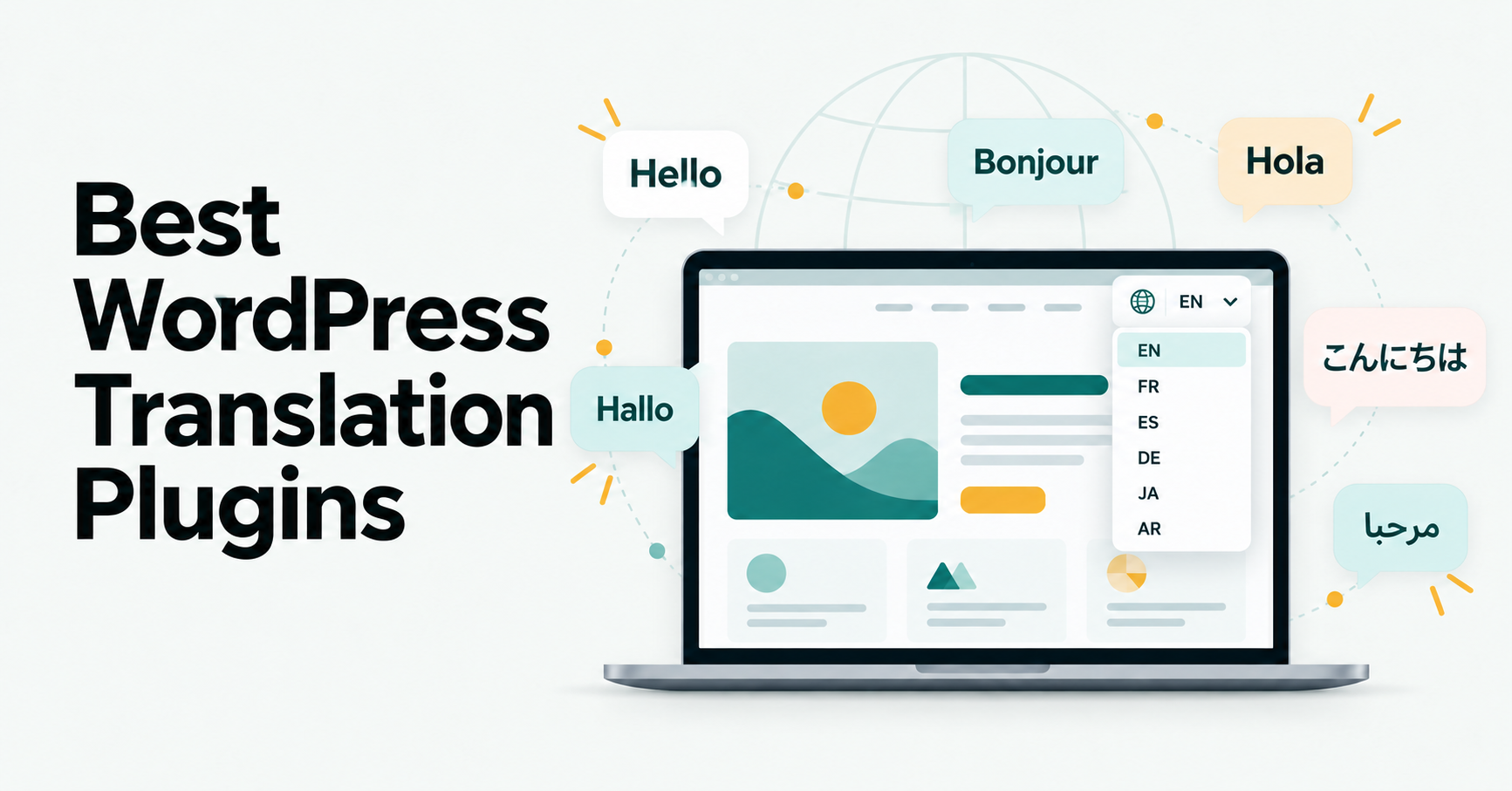 Best WordPress translation plugins illustrated with a multilingual website and greetings in six languages